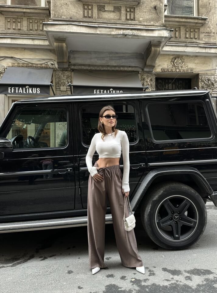 Trend Kumaş Viskon Palazzo Pantolon Kahverengi S