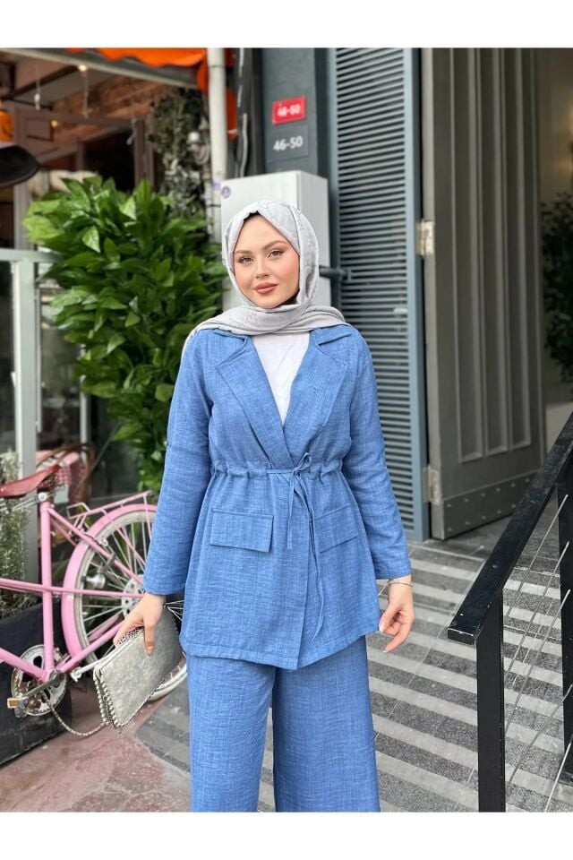 Bel Büzgülü Keten Ceket Pantolon Takım Mavi S