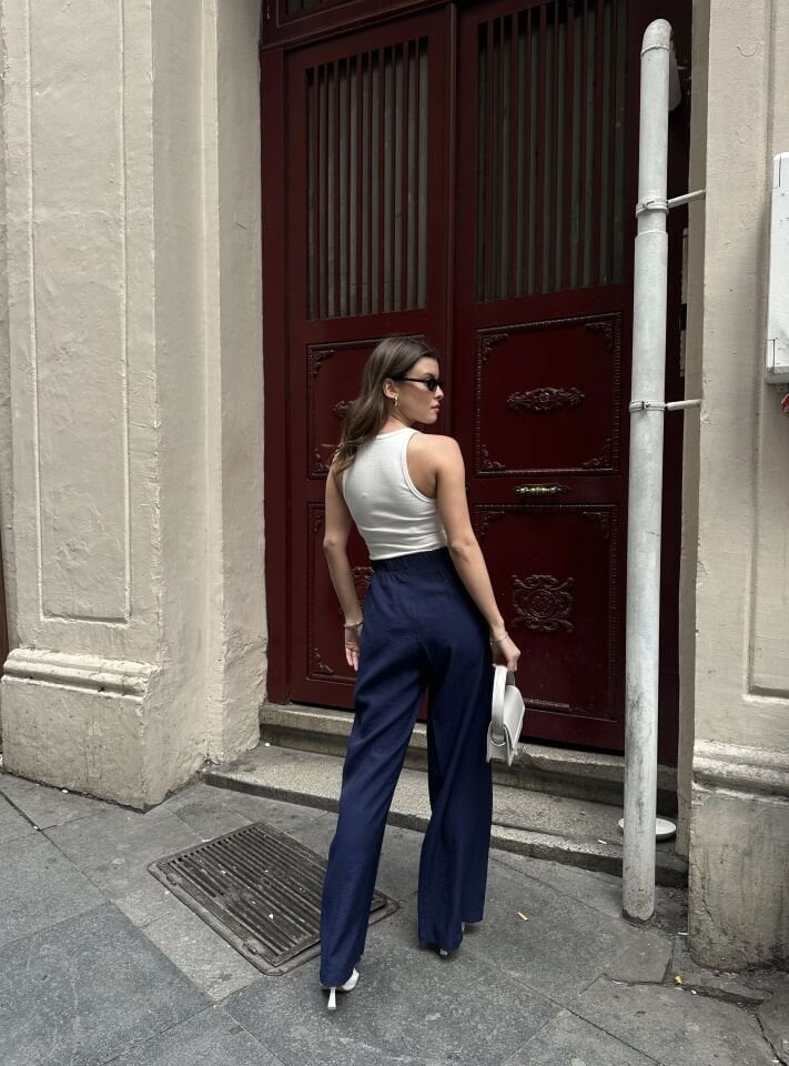 Trend Kumaş Viskon Palazzo Pantolon Lacivert M