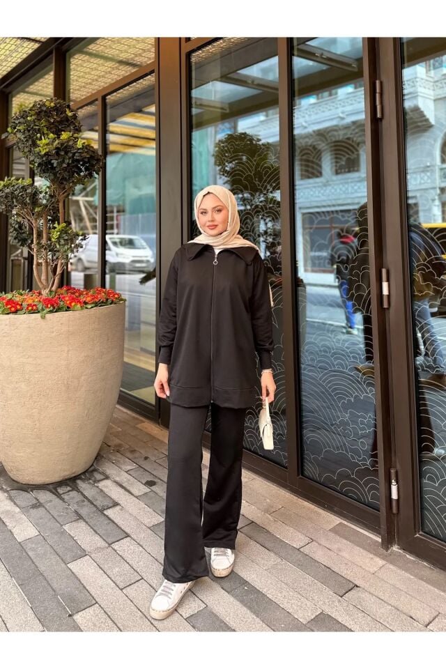 Geniş Paça Yırtmaçlı Fermuarlı Takım Siyah XL