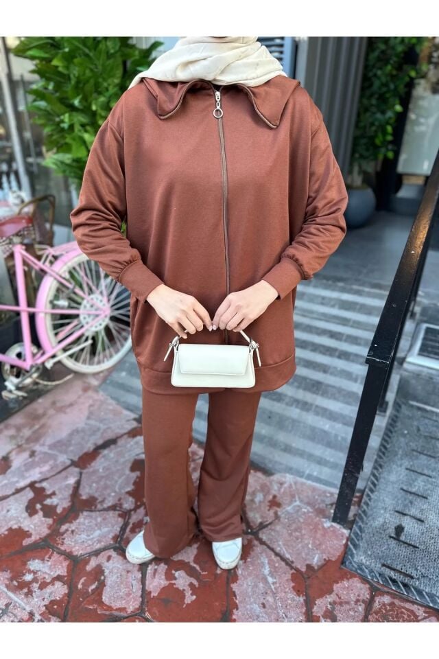 Geniş Paça Yırtmaçlı Fermuarlı Takım Kahverengi XL