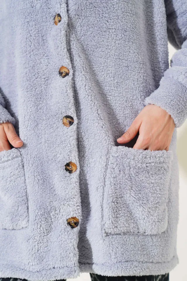 Düğmeli Peluş Hırka Gri XL