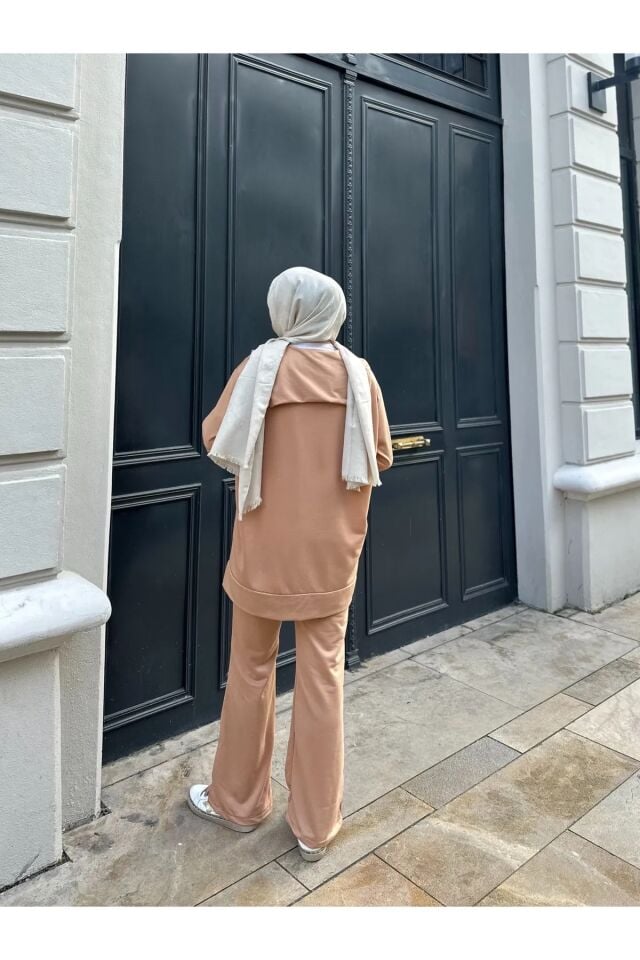 Geniş Paça Yırtmaçlı Fermuarlı Takım Bej XL