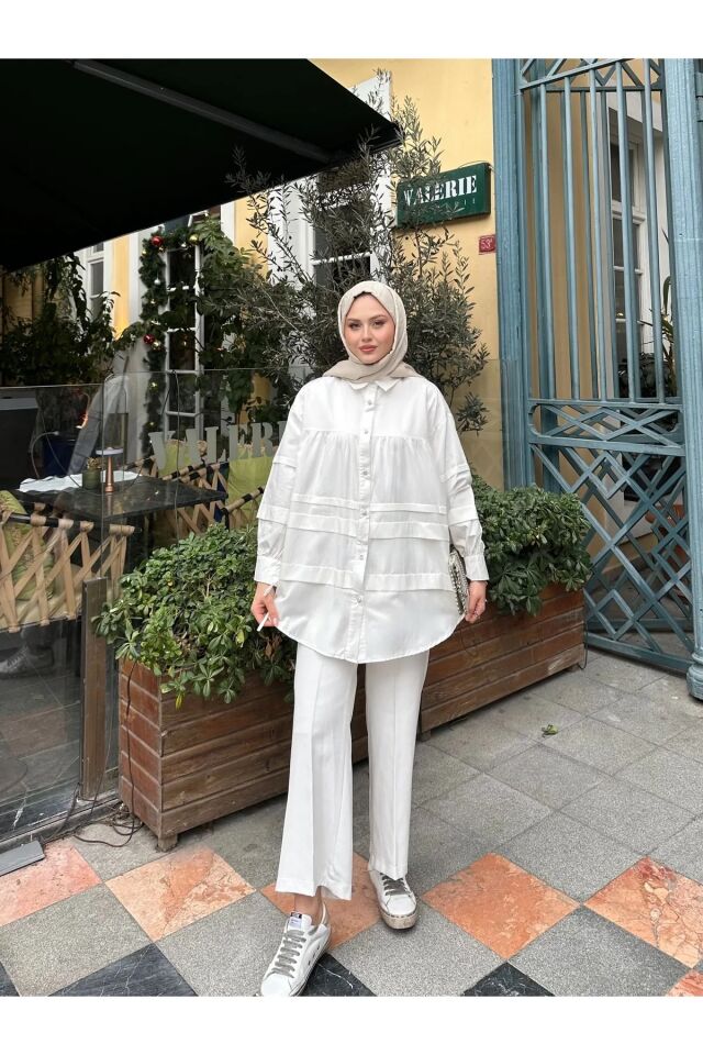 Kol Detaylı Gold Düğmeli Tesettür Gömlek Beyaz STANDART