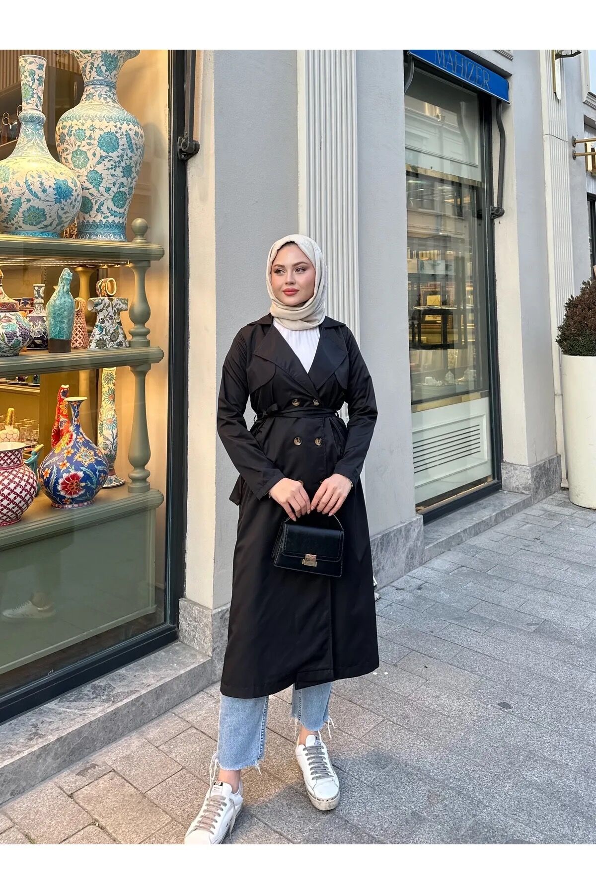 Kadın Şal Yaka Düğmeli Uzun Trençkot Siyah XL