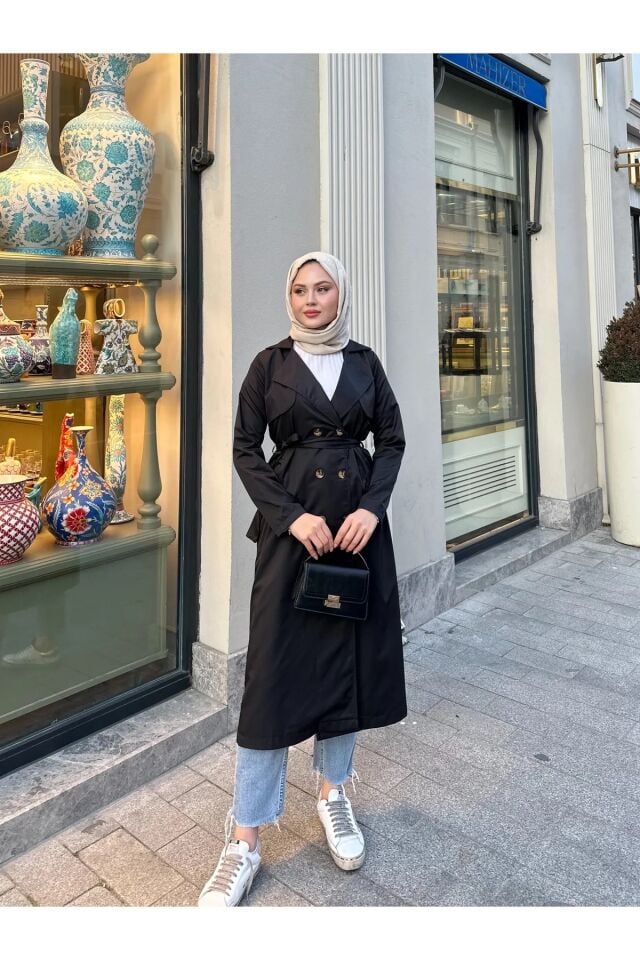 Kadın Şal Yaka Düğmeli Uzun Trençkot Siyah XL