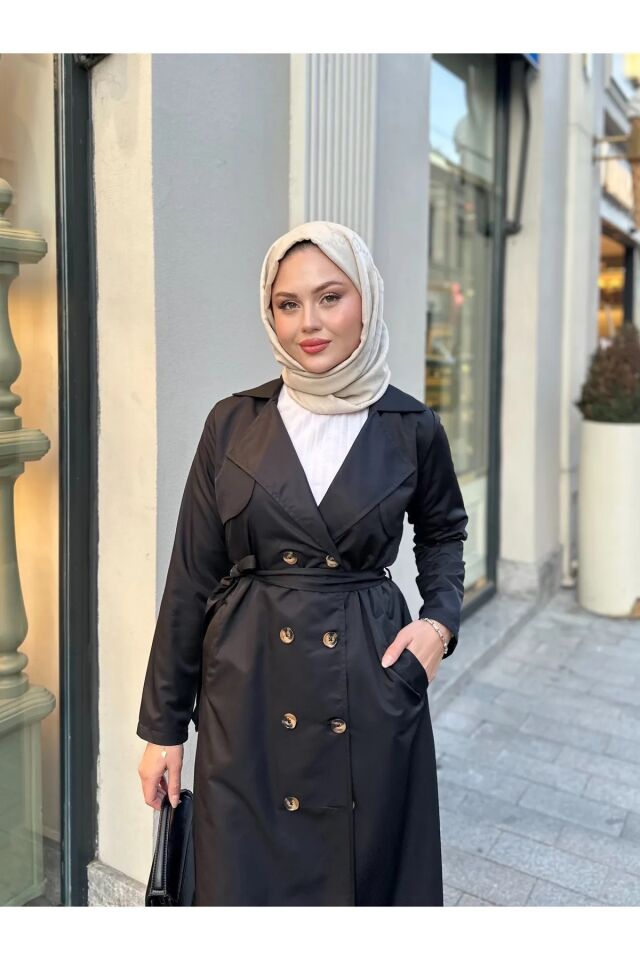 Kadın Şal Yaka Düğmeli Uzun Trençkot Siyah XL