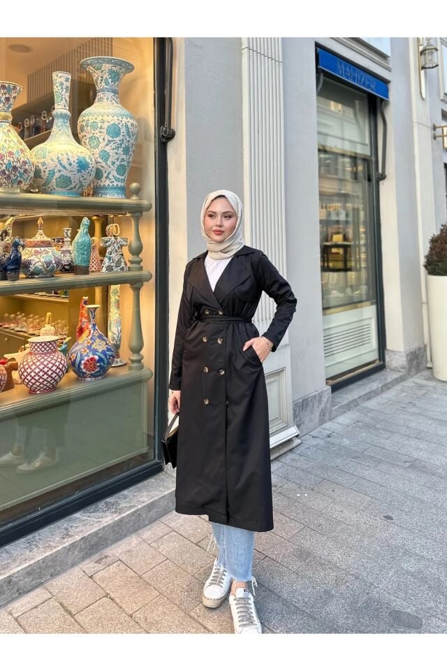 Kadın Şal Yaka Düğmeli Uzun Trençkot Siyah XL