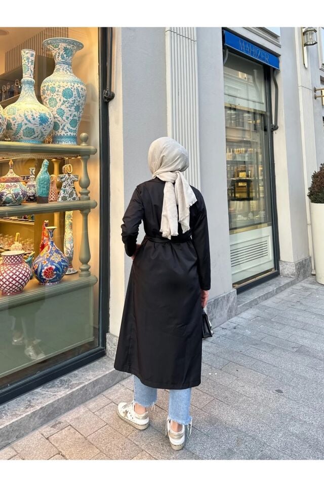Kadın Şal Yaka Düğmeli Uzun Trençkot Siyah XL