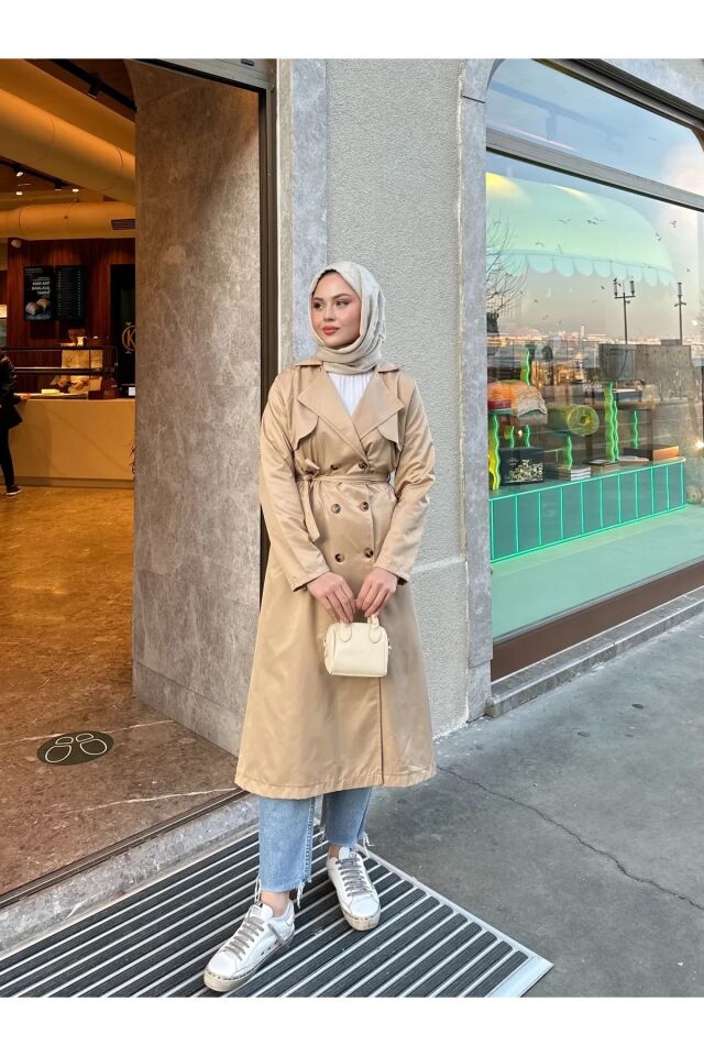 Kadın Şal Yaka Düğmeli Uzun Trençkot Bej S