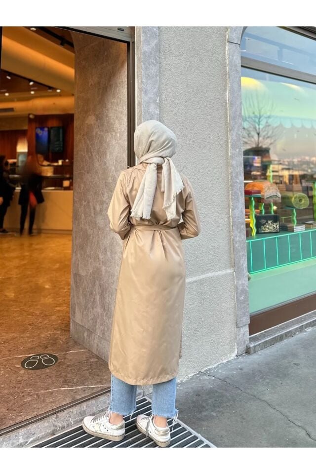 Kadın Şal Yaka Düğmeli Uzun Trençkot Bej S
