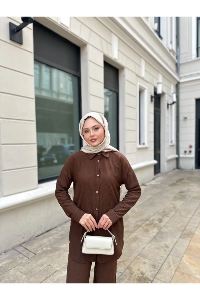 Gömlek Pantolon Bürümcük Takım Kahverengi 2XL