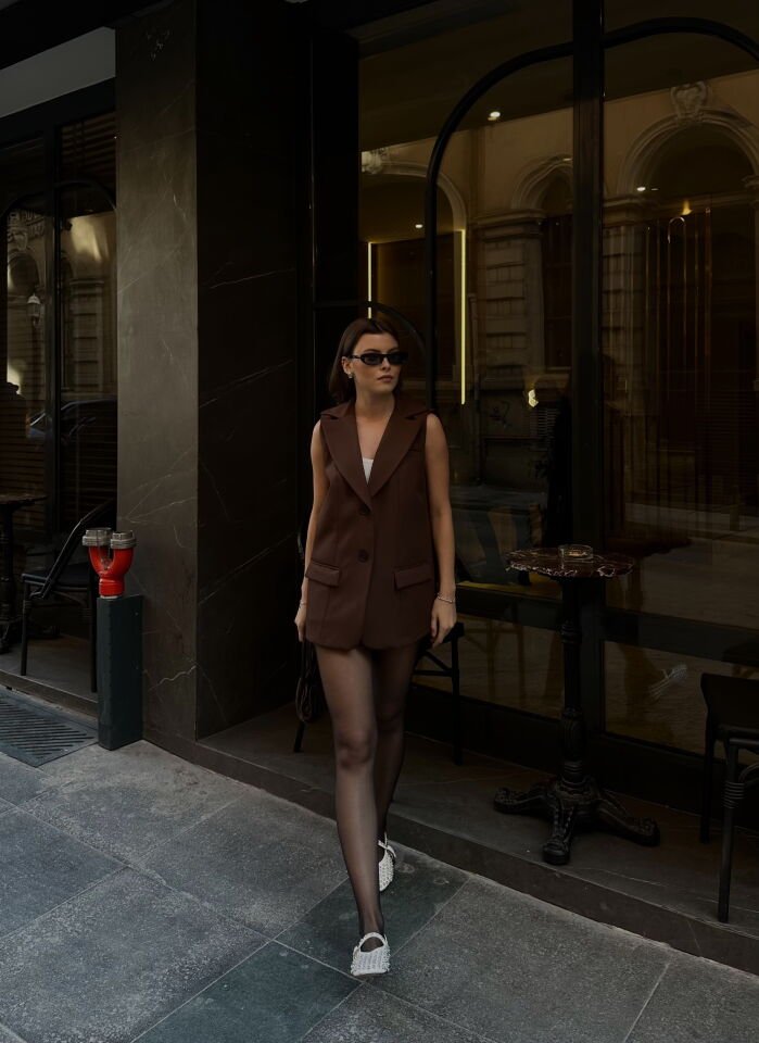 Kapaklı Blazer Yelek Kahverengi M