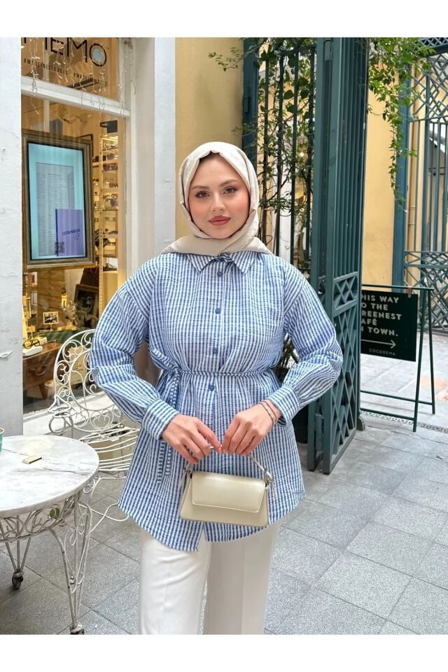 Çizgili Bel Bağlamalı Gömlek Mavi S