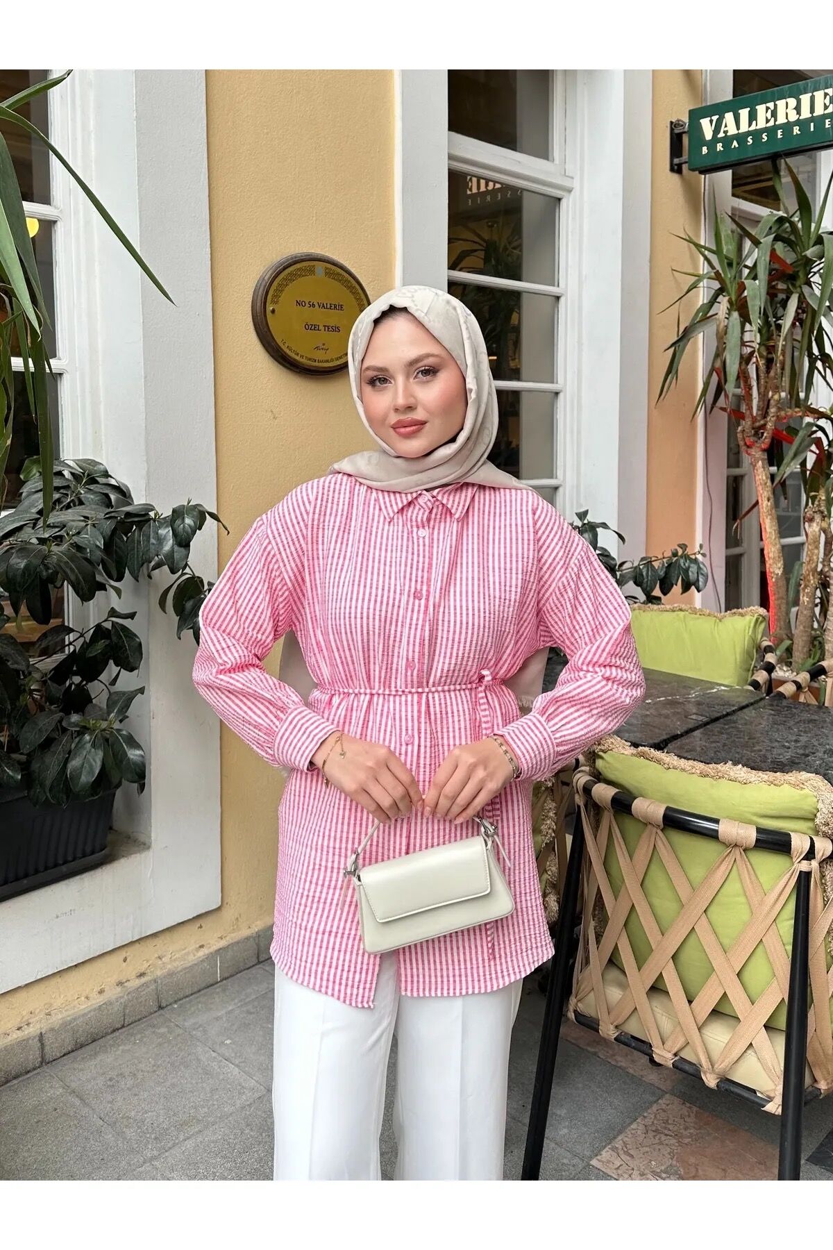 Çizgili Bel Bağlamalı Gömlek Pembe S