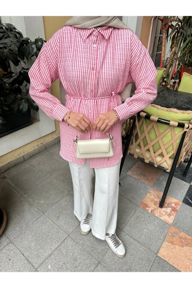 Çizgili Bel Bağlamalı Gömlek Pembe S