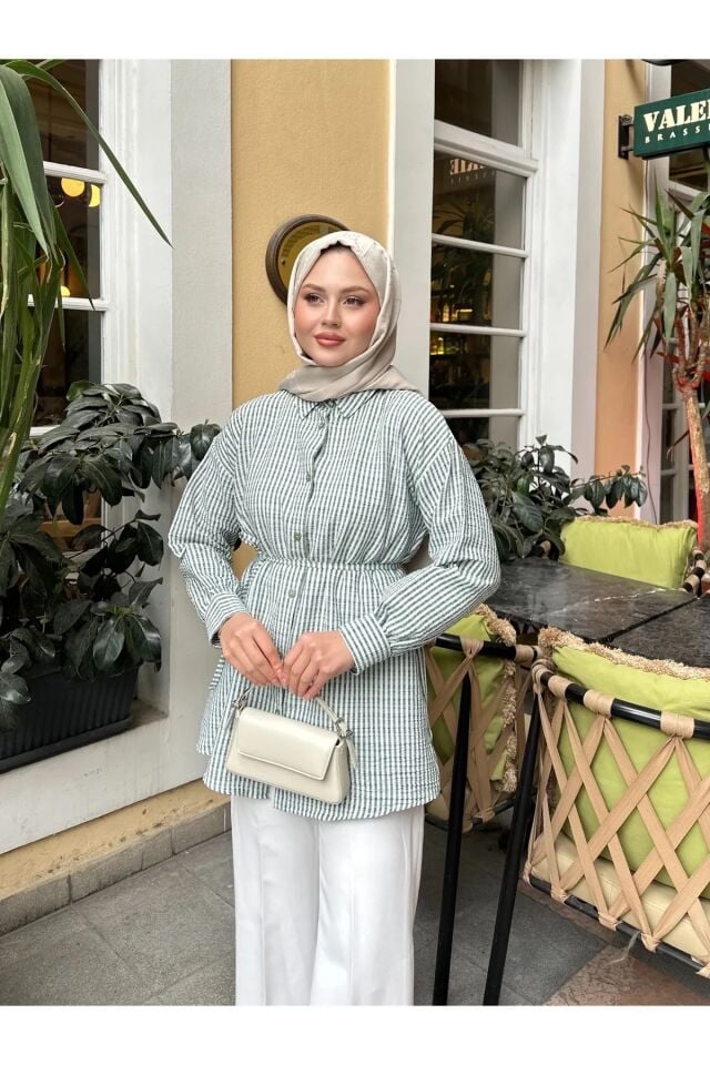 Çizgili Bel Bağlamalı Gömlek Yeşil 2XL