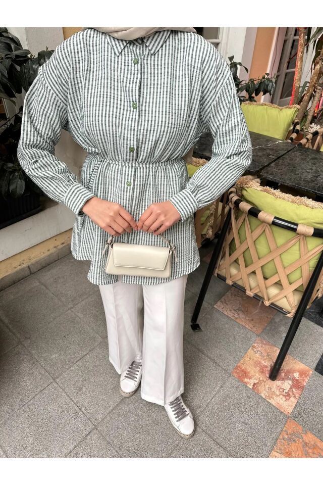 Çizgili Bel Bağlamalı Gömlek Yeşil 2XL