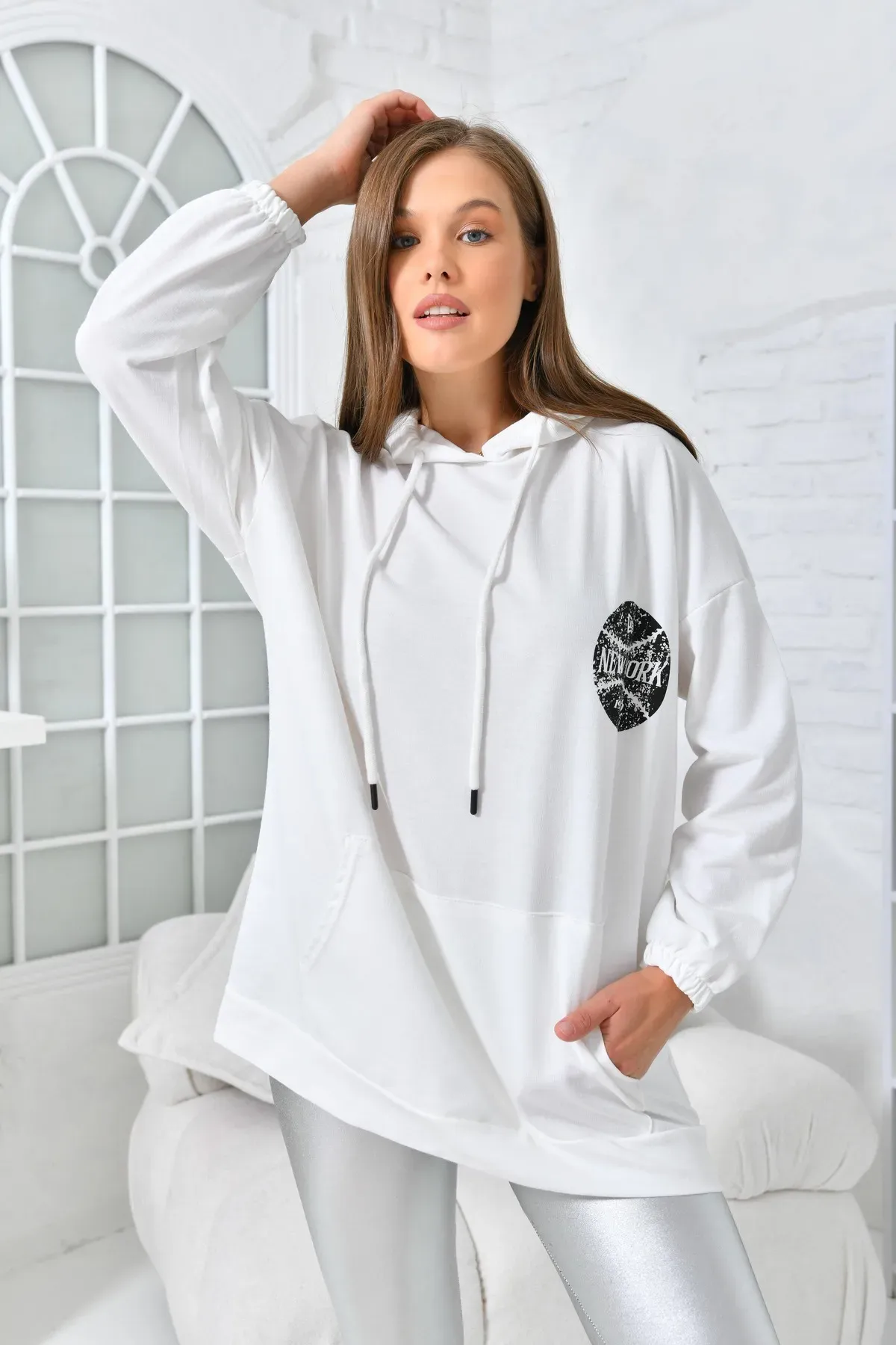 Newyork Baskılı Cepli Sweatshirt Beyaz S