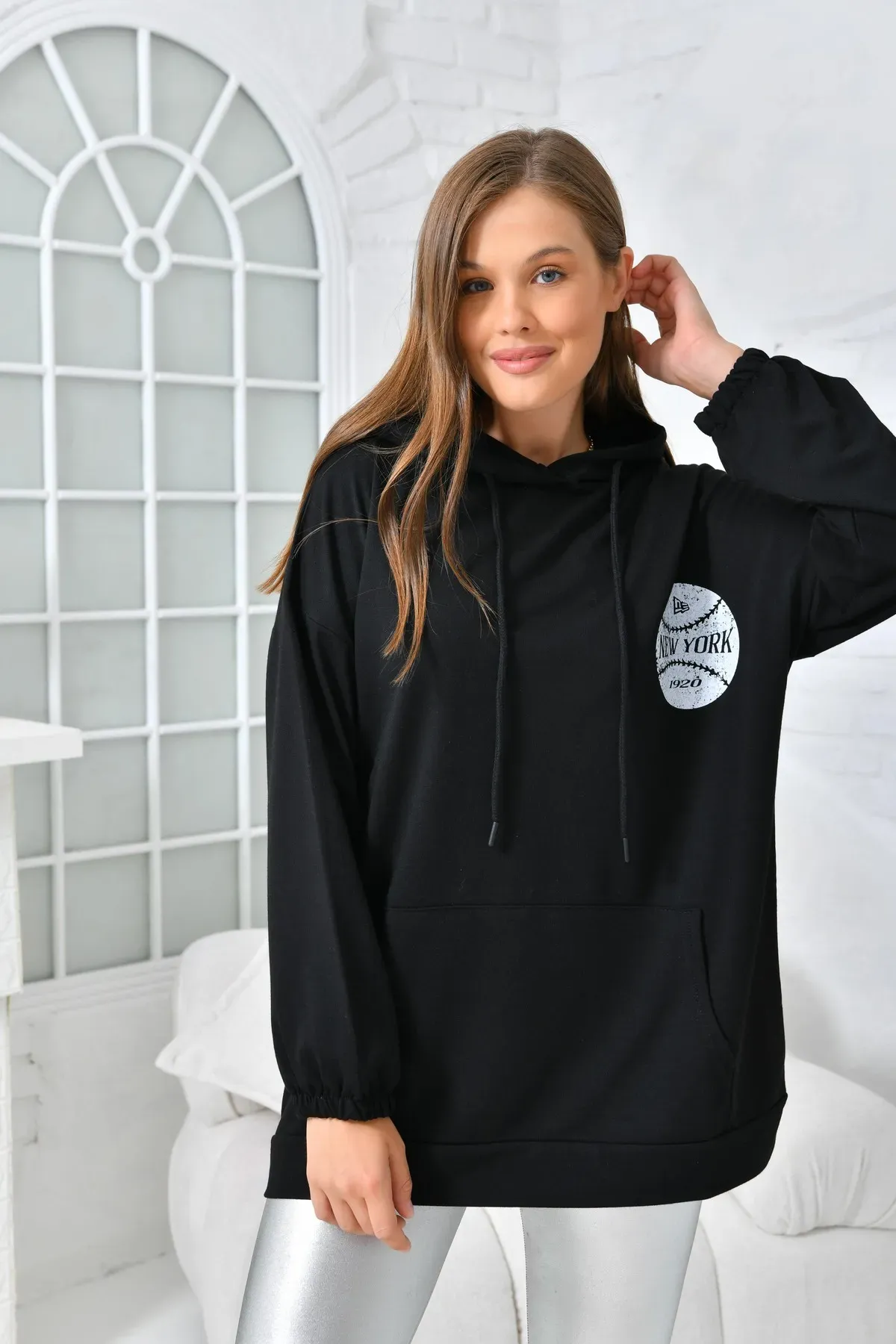 Newyork Baskılı Cepli Sweatshirt Siyah S