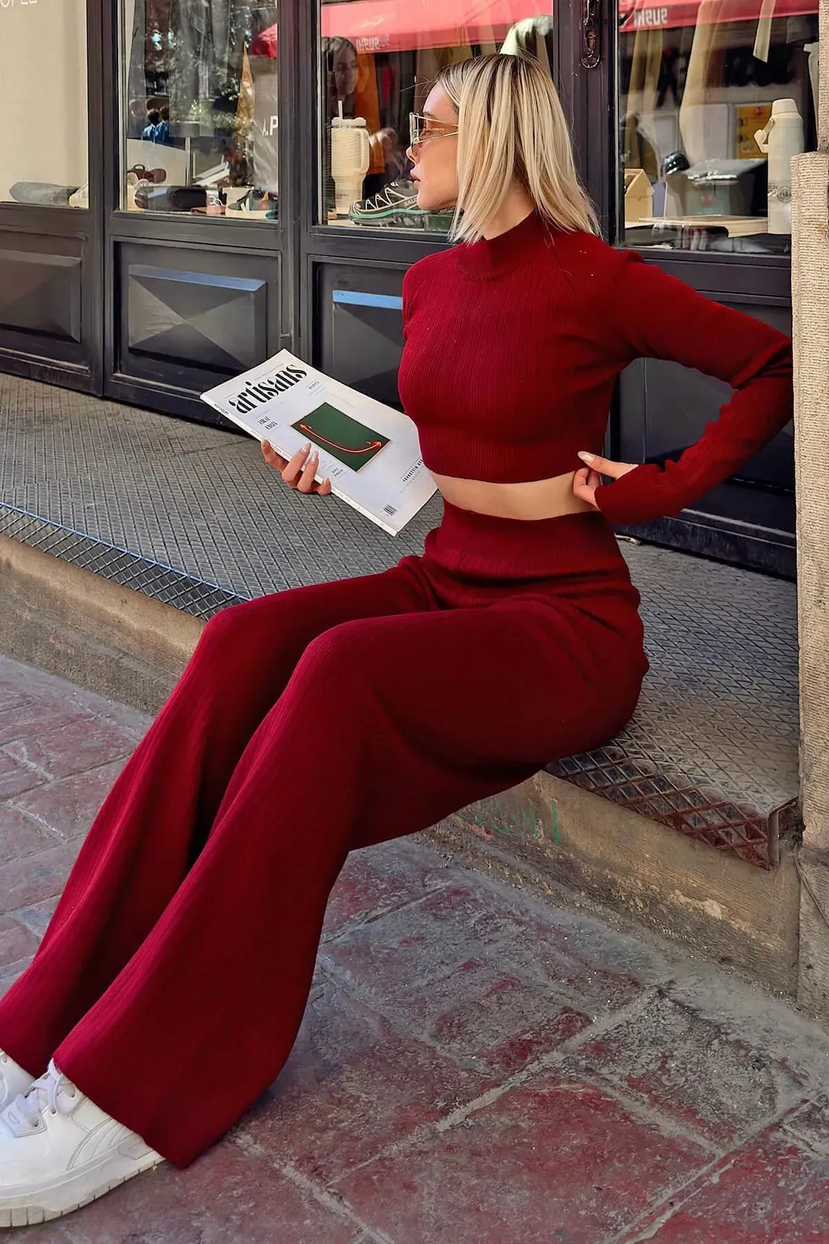 Yarım Balıkçı Örgü Crop Kazak Pantolon Takım Bordo STANDART