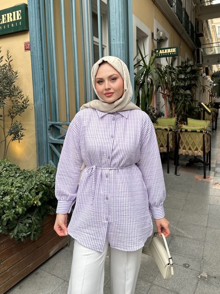 Çizgili  Bel Bağlamalı  Gömlek Lila 2XL