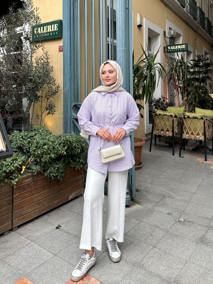 Çizgili  Bel Bağlamalı  Gömlek Lila 2XL