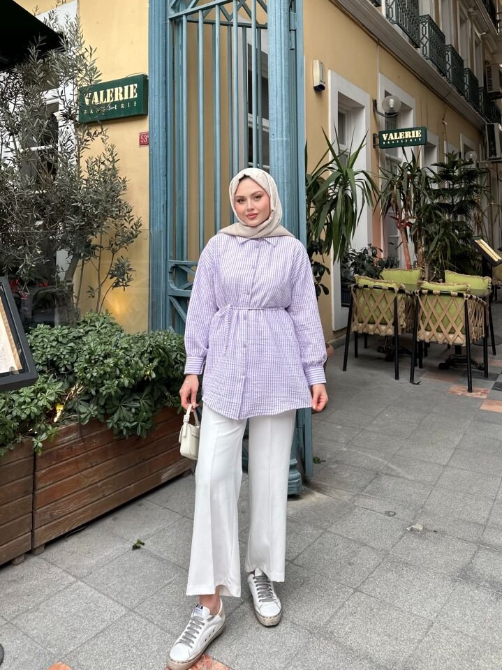 Çizgili  Bel Bağlamalı  Gömlek Lila 2XL