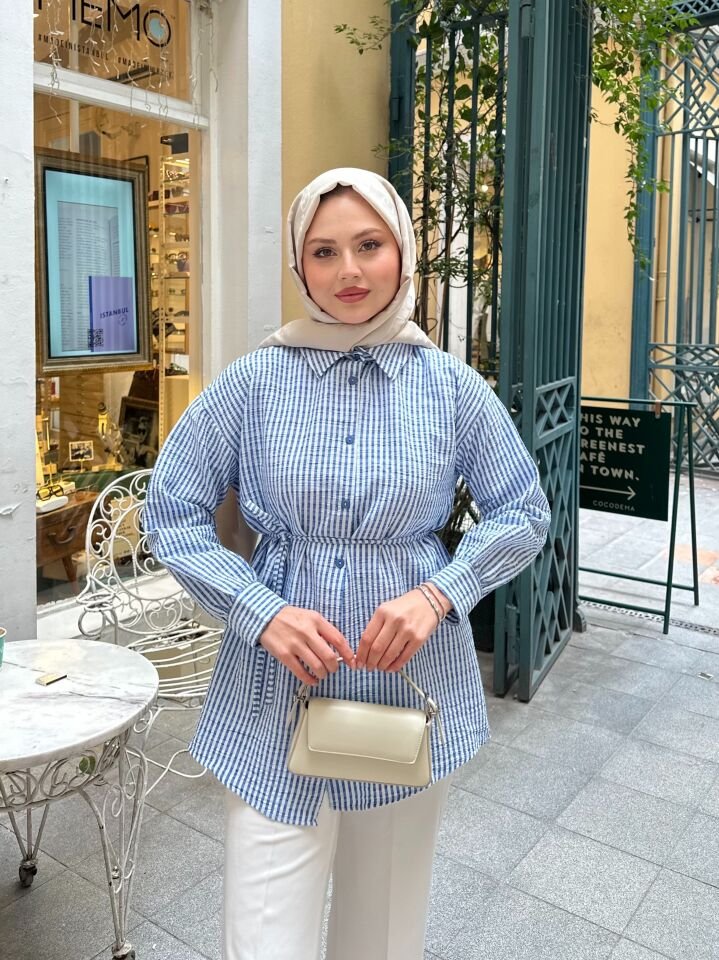 Çizgili  Bel Bağlamalı  Gömlek Mavi 2XL