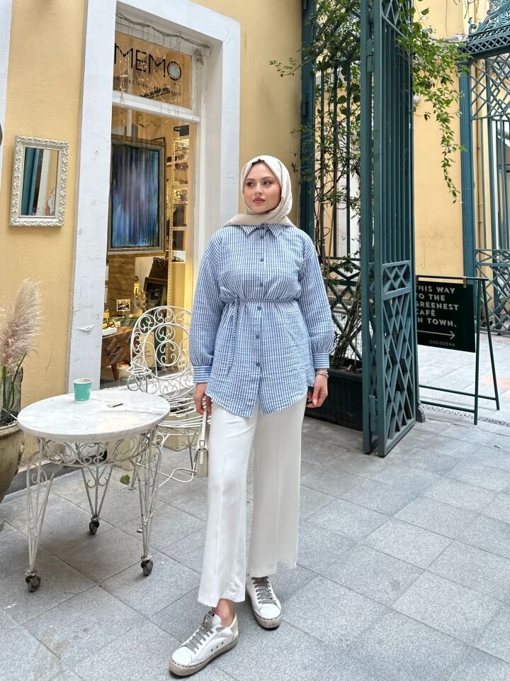 Çizgili  Bel Bağlamalı  Gömlek Mavi 2XL