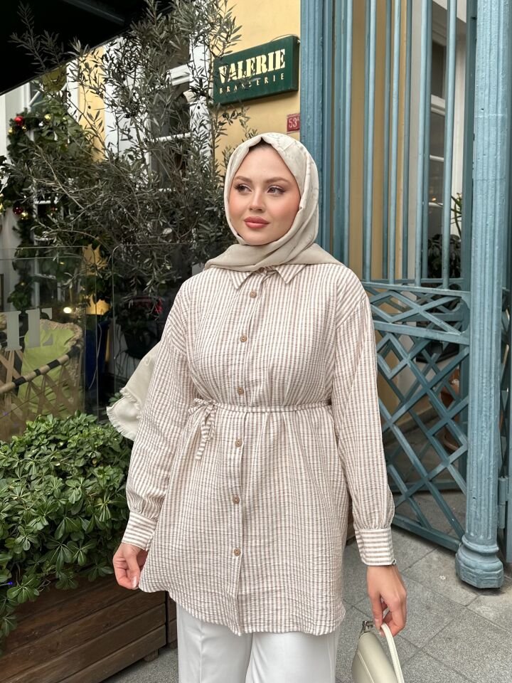 Çizgili  Bel Bağlamalı  Gömlek Bej 2XL