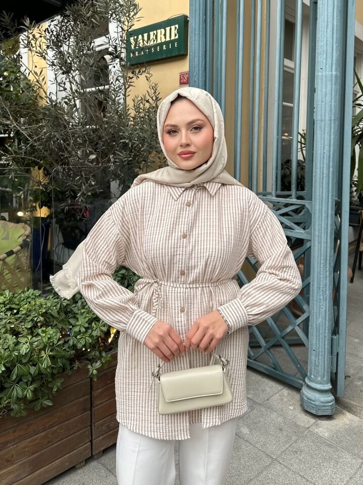 Çizgili  Bel Bağlamalı  Gömlek Bej 2XL