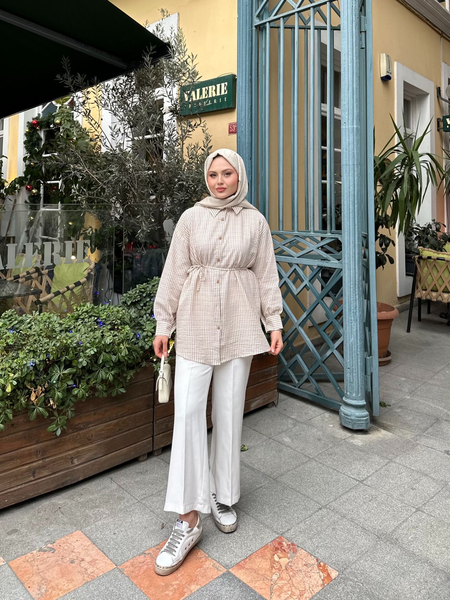 Çizgili  Bel Bağlamalı  Gömlek Bej 2XL