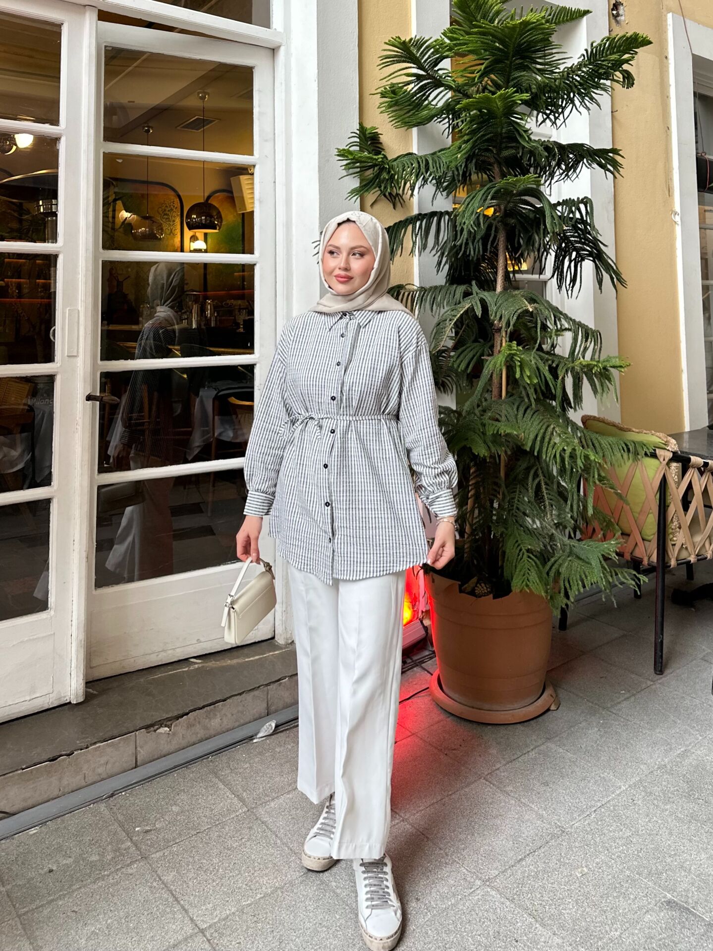 Çizgili  Bel Bağlamalı  Gömlek Gri 2XL