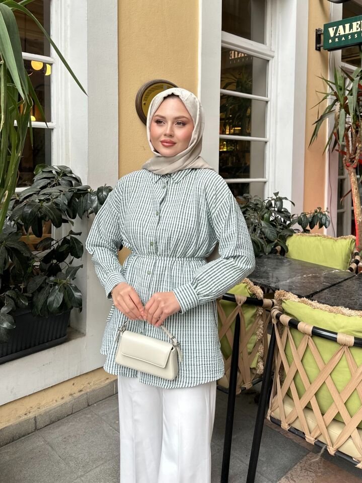 Çizgili  Bel Bağlamalı  Gömlek Yeşil 2XL