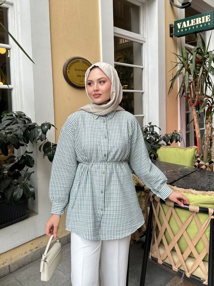 Çizgili  Bel Bağlamalı  Gömlek Yeşil 2XL