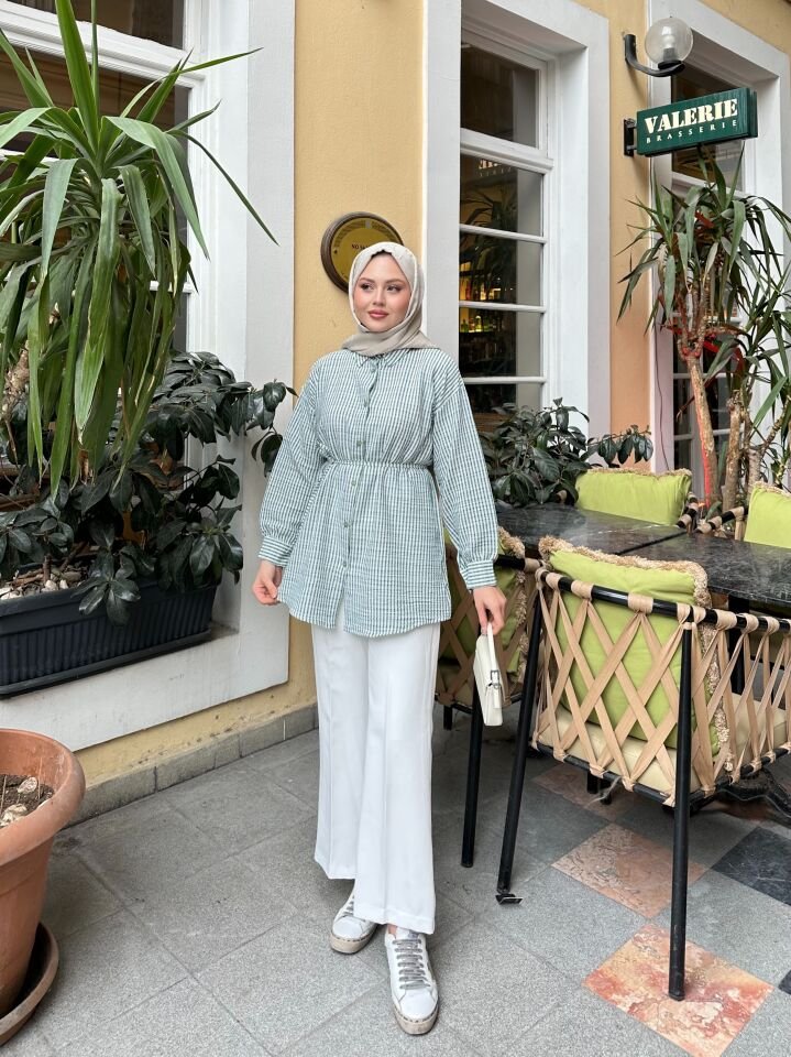 Çizgili  Bel Bağlamalı  Gömlek Yeşil 2XL