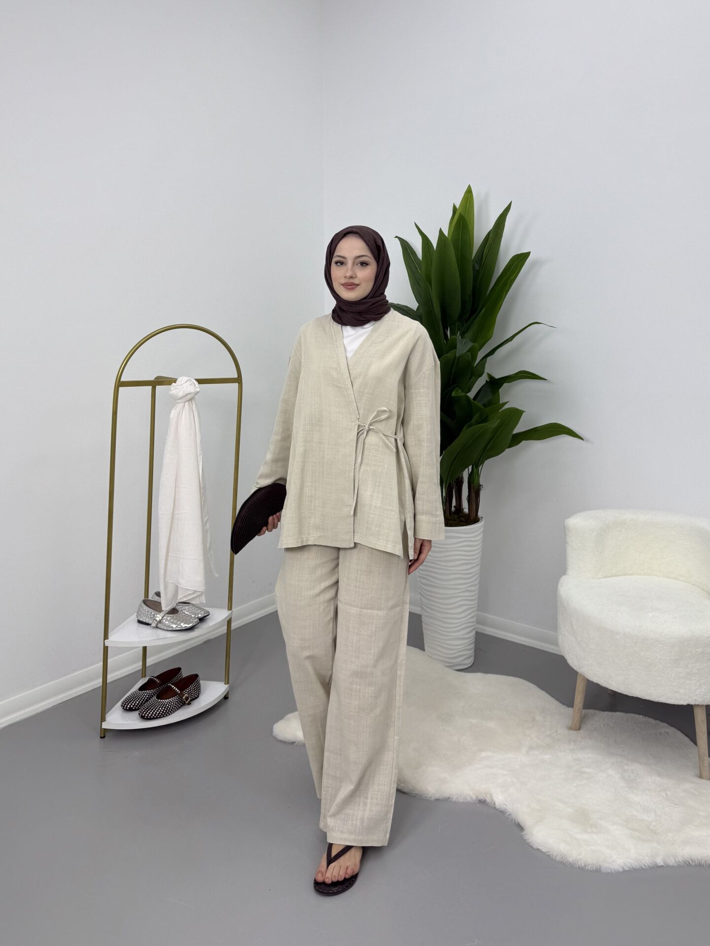 Yandan Bağlamalı Keten Takım Bej S