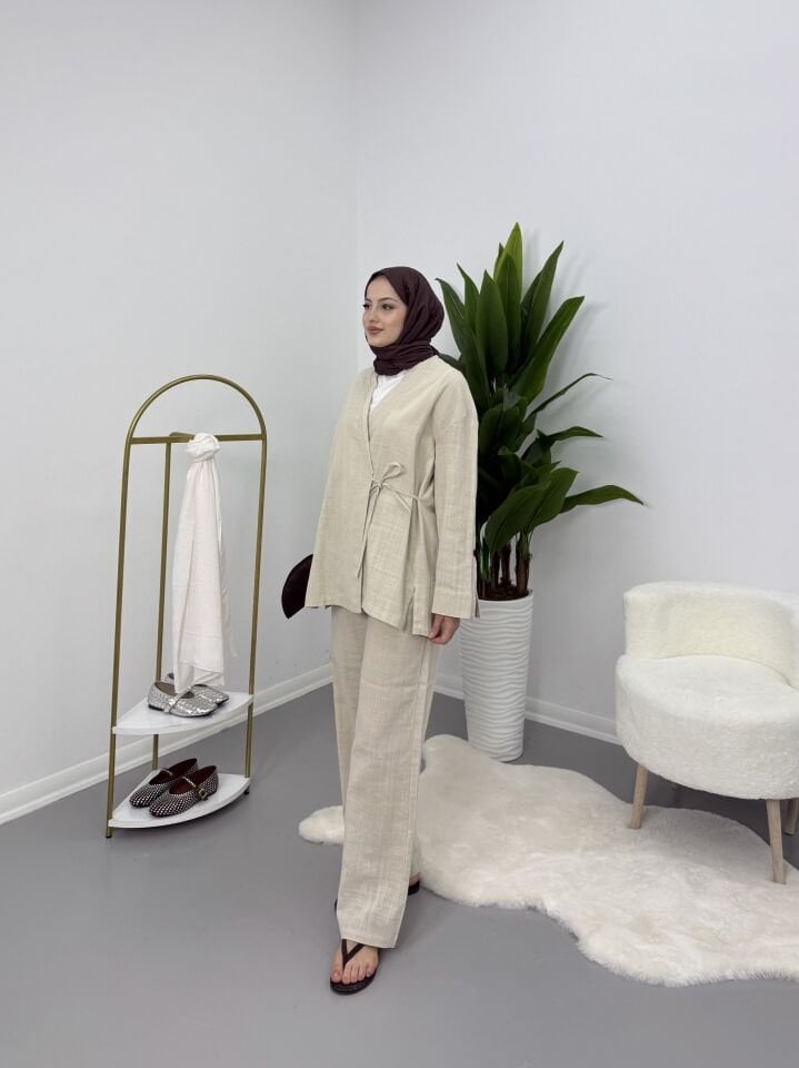 Yandan Bağlamalı Keten Takım Bej S