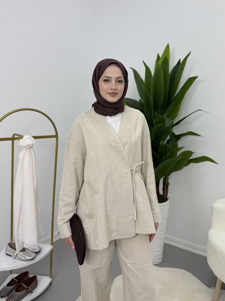 Yandan Bağlamalı Keten Takım Bej S