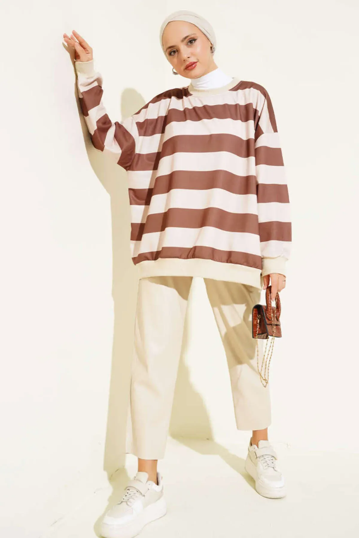 Yatay Çizgili Oversize Tunik  Kahverengi STANDART