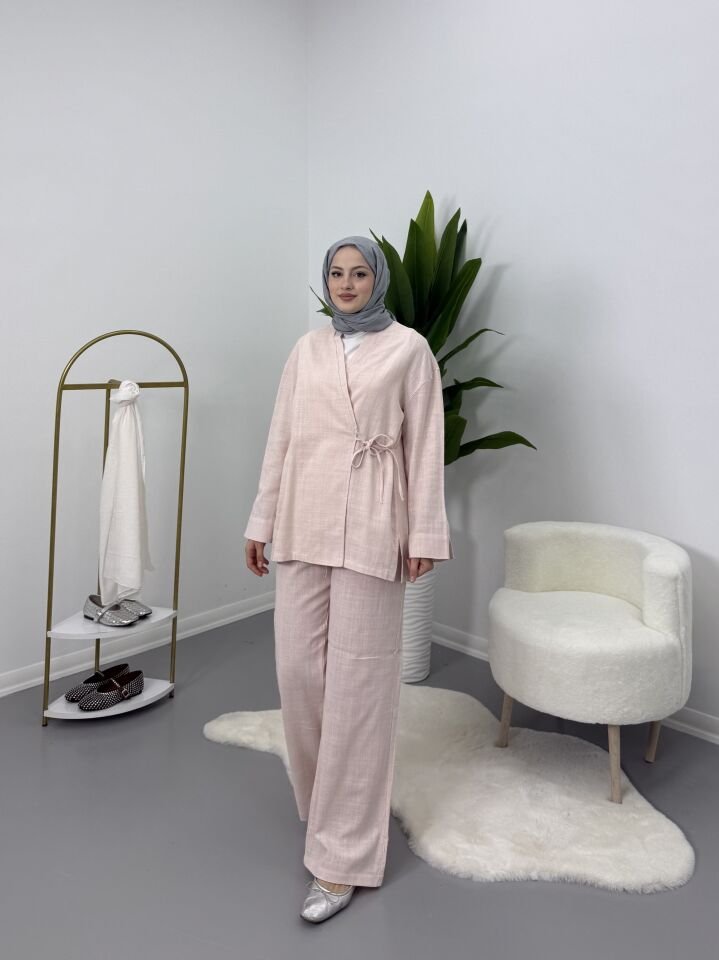 Yandan Bağlamalı Keten Takım Pembe S