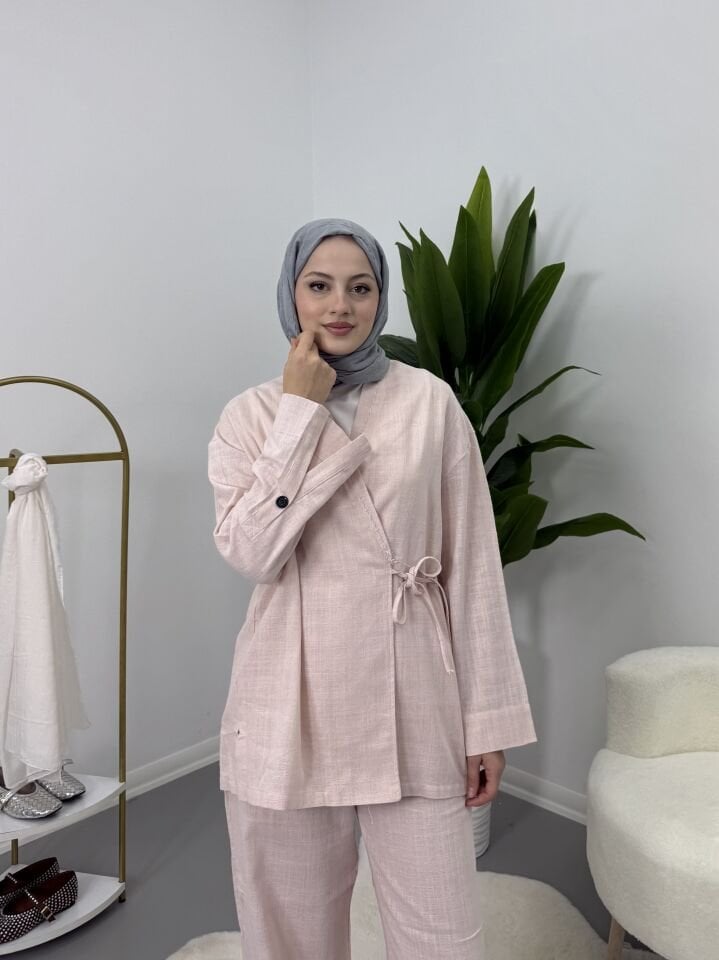 Yandan Bağlamalı Keten Takım Pembe XL