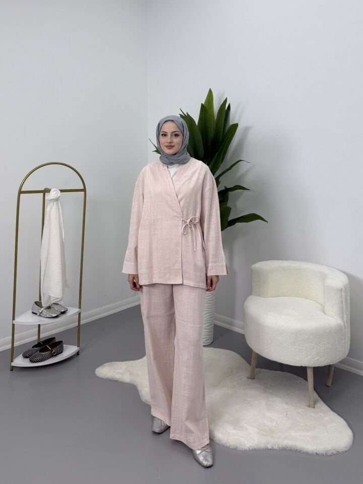 Yandan Bağlamalı Keten Takım Pembe S