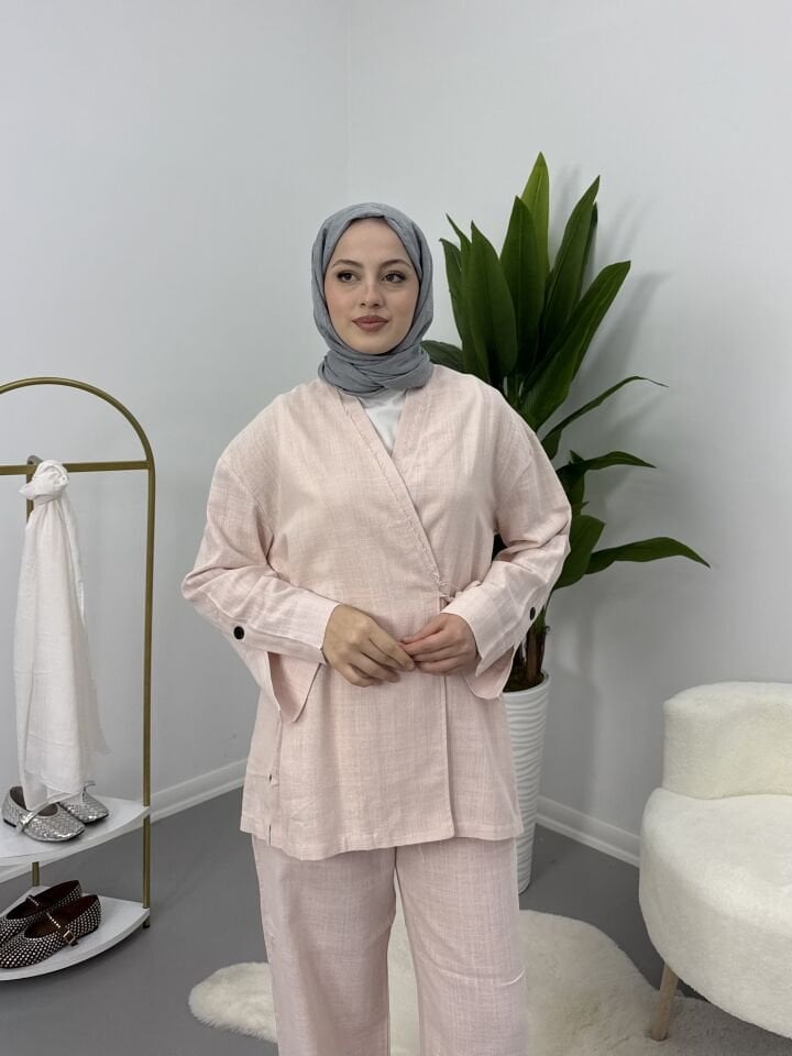 Yandan Bağlamalı Keten Takım Pembe XL