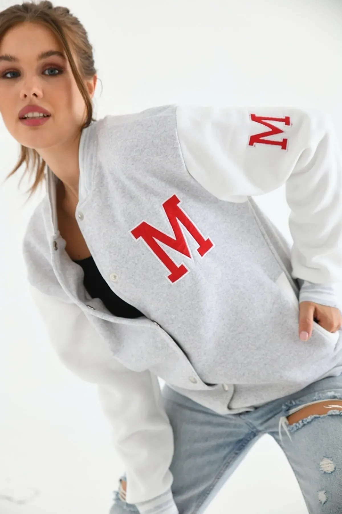 Unisex Nakışlı Kolej Ceket Gri XL