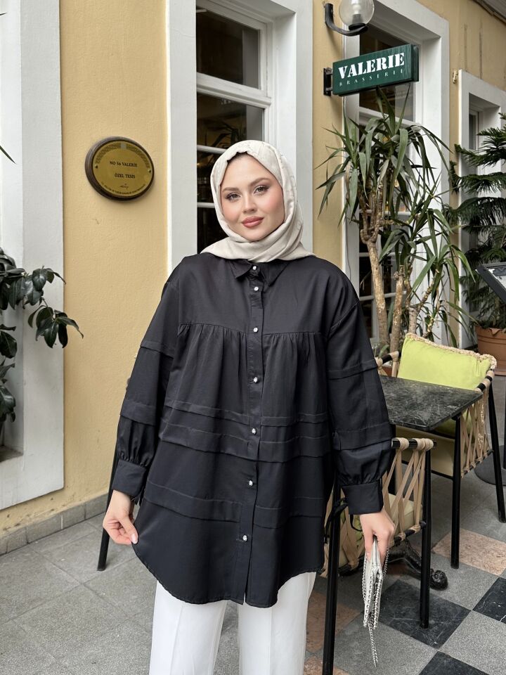 Double Kat Detaylı Tunik Siyah 2XL