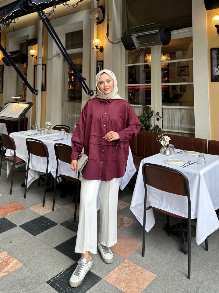 Double Kat Detaylı Tunik Bordo 2XL