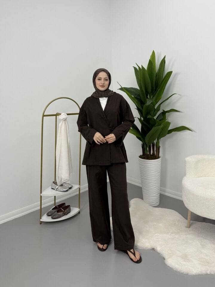 Yandan Bağlamalı Keten Takım Kahve S