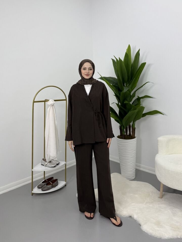 Yandan Bağlamalı Keten Takım Kahve S